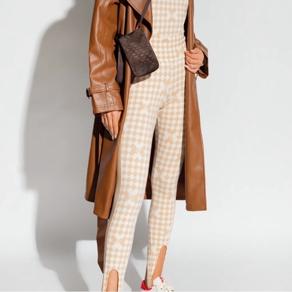 adidas Pants - adidas Cream and Brown Checkered Print Signature Stirrup Leggings